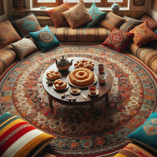 Moderne und minimalistische Dekoration mit einem runden Teppich:
